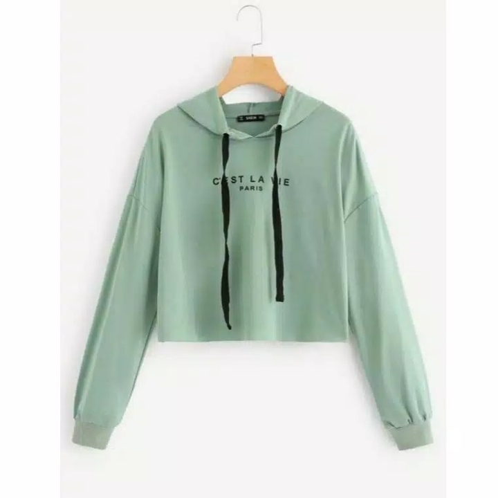 Sweater Crop Wanita Hoodie Lengan Panjang CEST LA VIE PARIS Printing 5