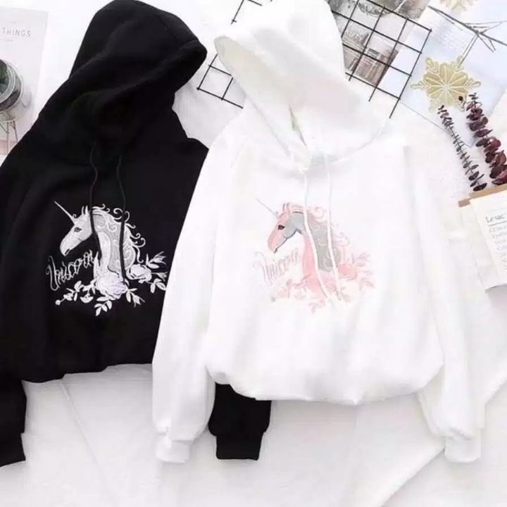 Sweater Hoodie Wanita Lemgan Panjang Unicorn Printing