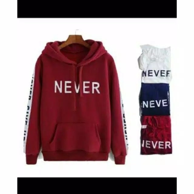 Sweater hodie NEVER GIVE UP bahan babyterry fit L pakaian kekinian