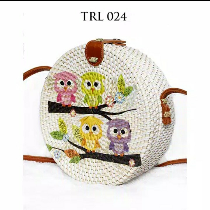 Sweet Honey Tas Rotan Bulat Bali Lukis Bulat Decoupage Motif OWL TRL02