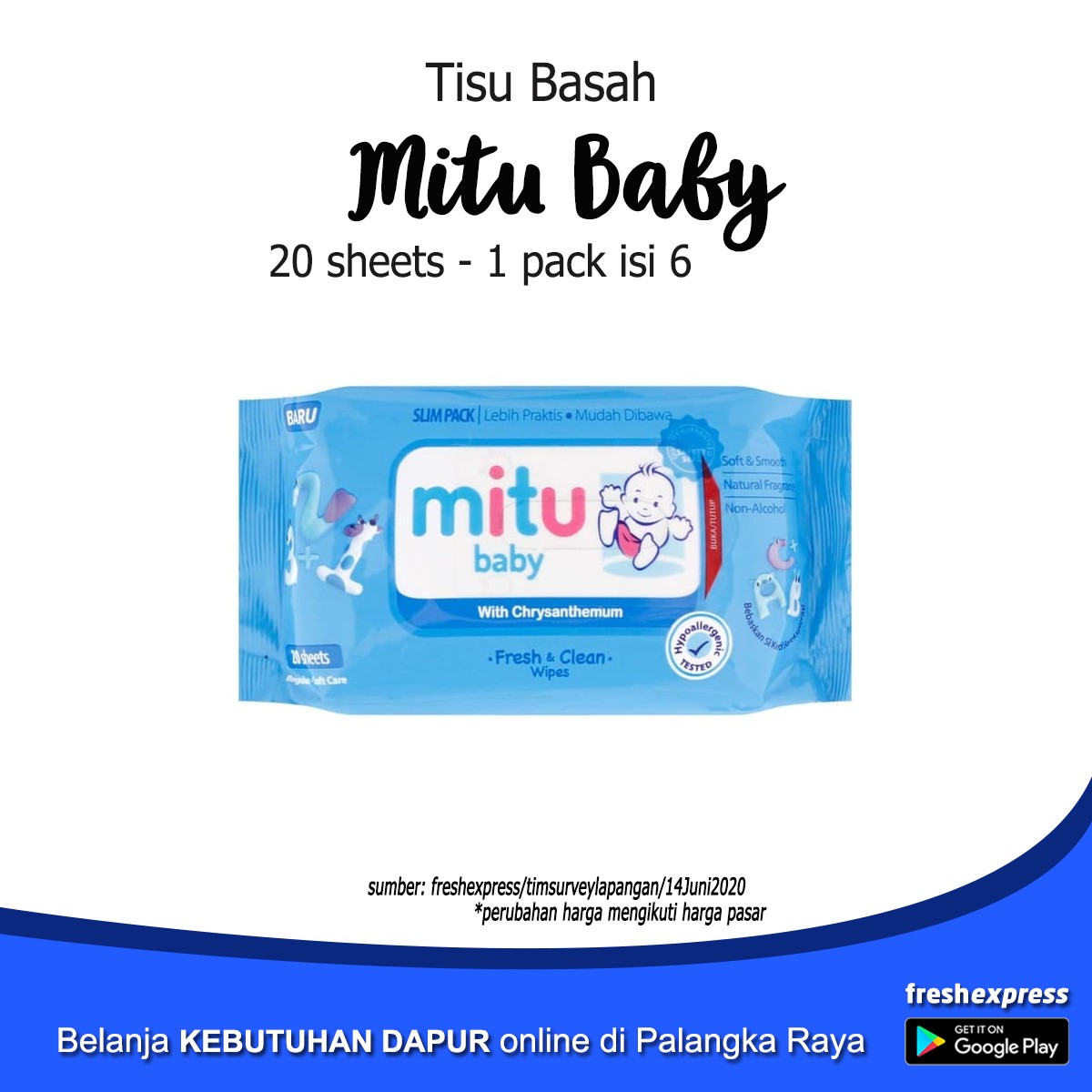 Tisu Basah - Mitu Baby 20 Sheet 1 Pack Isi 6