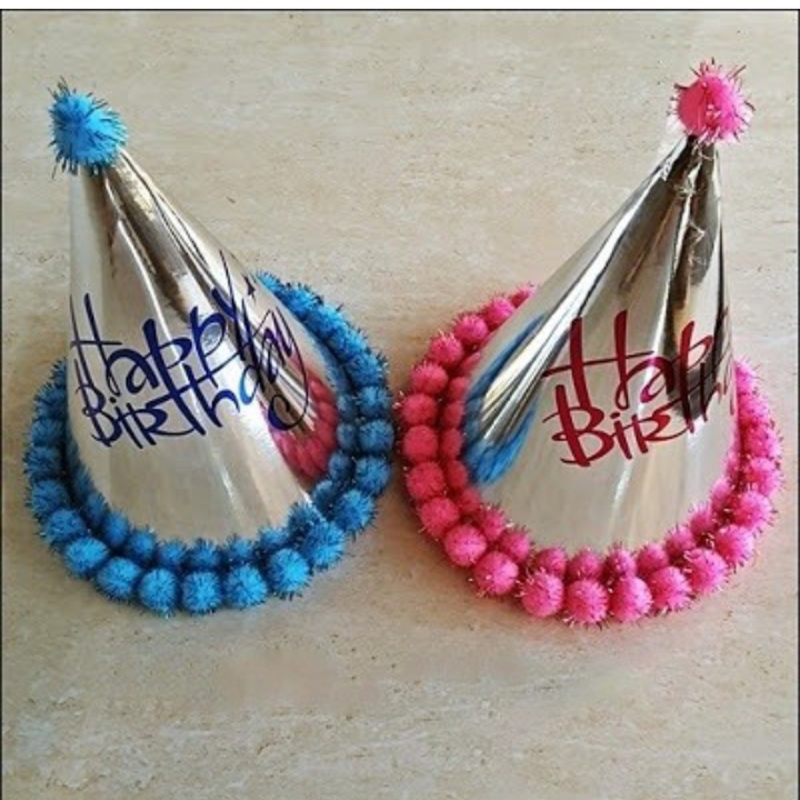 Topi Ulang Tahun Pom Pom Pink Biru Silver