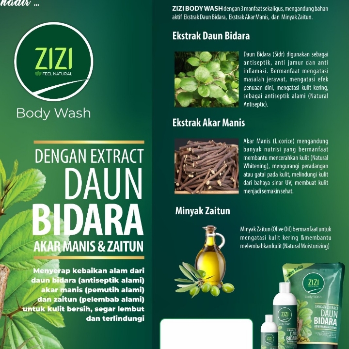 Zizi Body Wash dengan Extract Daun Bidara Akar Manis dan Zaitun