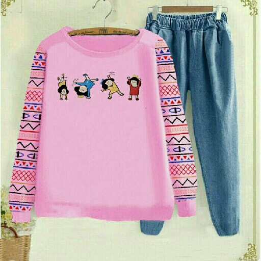 setelan boneka denim pink 
