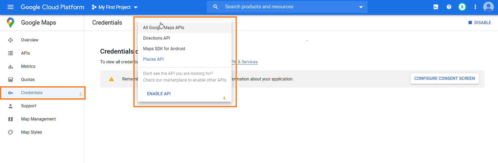 Google maps api credentials batasan